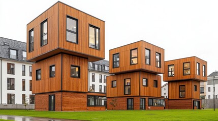 Fototapeta premium Modern Wooden Modular Buildings on Grassy Lawn