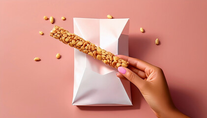 A hand with manicured nails holding a puffed rice snack bar above a white wrapper on a pink background, highlighting snack food and packaging design.