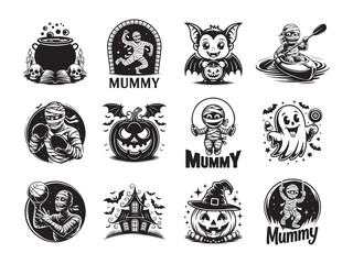 Spooky Halloween icons featuring a mummy, bat, pumpkin, ghost and cauldron in monochrome