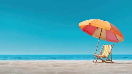 Yellow-striped beach chair under orange umbrella on sunny beach
