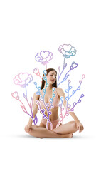 Abstract artwork. Woman in lingerie sitting among stylized botanical elements with serene expression. Concept of mental health day, personal growth, gentle sensuality, and organic wellness campaigns.