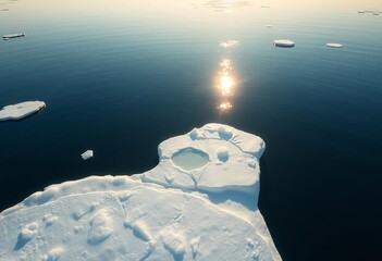 Vast, icy floe adrift in a serene bay, sunlight glints off the surface,  clouds,  geography