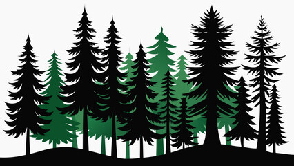 Obraz premium Vector art of a silhouette of a dense forest with black and green pine and evergreen trees isolated on a white background