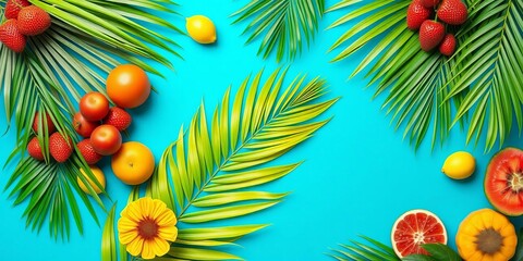Vibrant blue backdrop features lush green palm leaves and assorted tropical fruits, hot, blue background