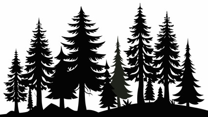 Vector art of a silhouette of a dense forest of pine and evergreen trees isolated on a white background