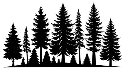Vector art of a dense silhouette of various pine trees isolated on a white background