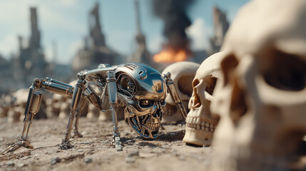 Fototapeta premium Spider-like metal robot and a lot of human skulls in abandoned destroyed town. Post-nuclear war dystopian future