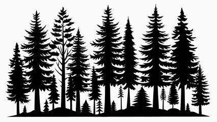 Obraz premium Vector art of a dense forest silhouette of various pine and evergreen trees isolated on a white background