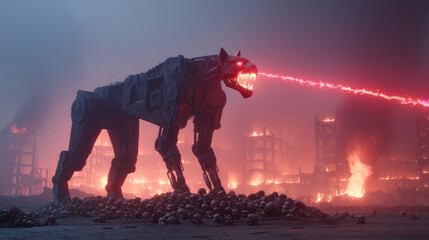 Fototapeta premium Metal cyborg panther, a war robot, firing laser beams from its eyes in dystopian post-nuclear war city
