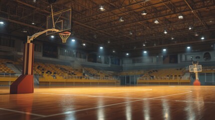 A basketball court basks in golden gym lighting, focusing on a solitary hoop with blurred motion.