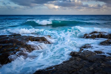 Obraz premium Waves crash over rocky shoreline at twilight along the coastal landscape