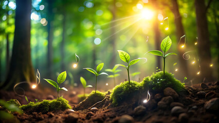 Glowing Musical Notes Emerging from Soil in a Lush Green Forest Scene
