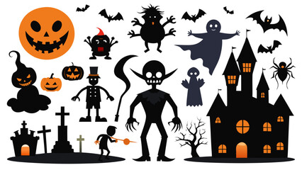 Vector art of a collection of spooky halloween icons including pumpkins, ghosts, bats, monsters, and haunted houses
