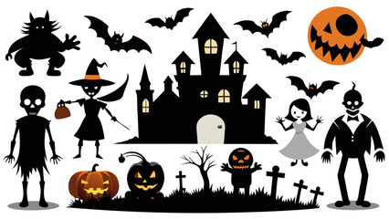 Vector art of a diverse set of halloween characters and symbols, including a witch, vampire, skeleton, and haunted castle