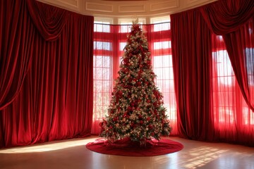christmas tree with red curtains
