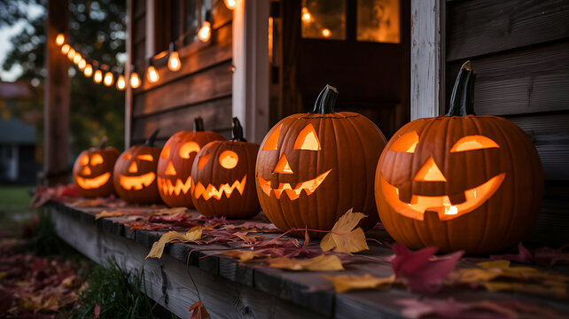 Row of glowing carved halloween pumpkins on a porch with autumn leaves