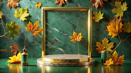 Green Marble Display Pedestal with Gold Frame and Autumn Leaf Accent