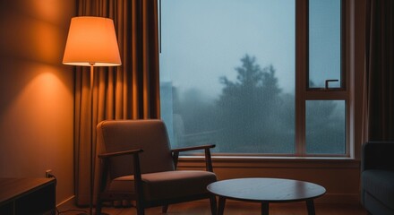 Warm Room Interior with Soft Lamp Light and Rainy Window View