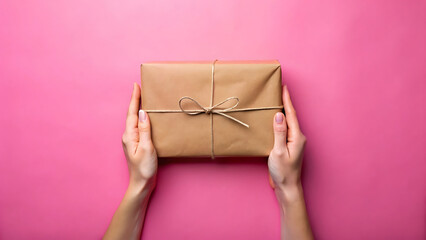 Hands Holding a Kraft Paper Gift Package Over Soft Pink Background