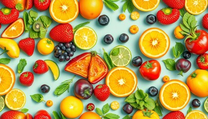 Vibrant seamless pattern of summer fruits & vegetables, healthy eating concept, colorful background, berries