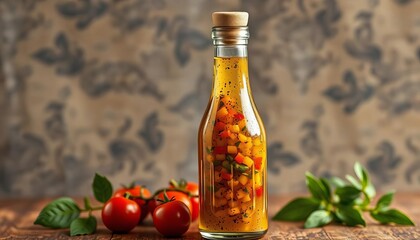 Vintage bottle filled with vibrant Italian vinaigrette,  food photography,   recipe