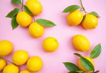 Vibrant yellow lemons arranged on a soft pastel pink background, ample copy space,  space,  refreshment