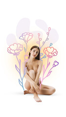 Minimalist contemporary collage. Nude woman sitting with floral pastel line art. Concept of self-love, feminine energy, beauty industry, skincare ads, and mental health day.