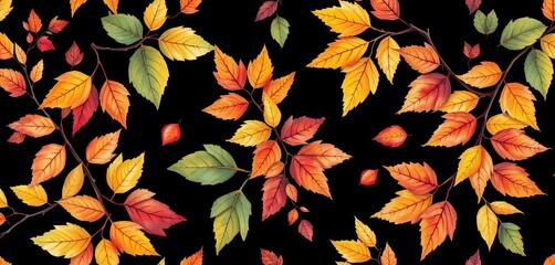 Watercolor autumn leaves & rowan branches seamless pattern on black, fall design, background