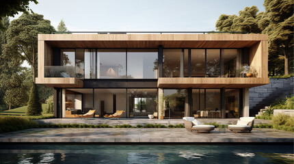 Obraz premium Modern glass house surrounded by forest trees with outdoor patio and pool in natural sunlight