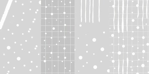 Whimsical hand-drawn geometric patterns in cool grays & pale blues with white stripes & dots on grid backgrounds, gray, simple