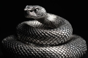 Fototapeta premium Intimidating rattlesnake coiled ready to strike in dramatic lighting