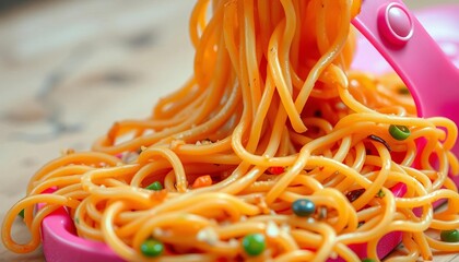 Yakisoba noodles spilling from a pink sandal, close-up,  whimsical,  appetizing