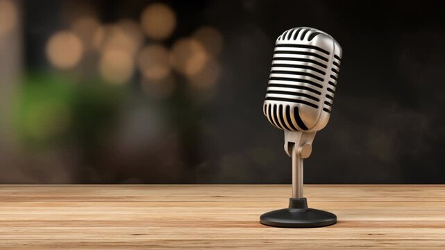 Poscast Microphone Concept,Vintage Microphone on Wooden Table Nostalgic Stand for Music Lovers Atmosphere
