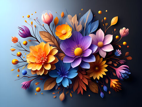 Abstract pink and purple flowers with butterflies on a spring floral design background