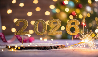 A close-up image featuring glittery gold numerals 2026 on wooden coasters, surrounded by soft, blurred bokeh lights. A sparkler adds a festive touch, with a colorful, decorated tree in the background,