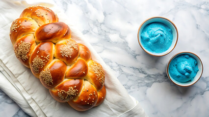 Overhead View Of Challah Bread And Blue Dip On White Table Jewish Cuisine Setup