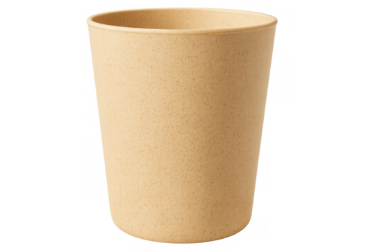 Beige bioplastic cup representing sustainable living, minimizing environmental footprint on clean transparent surface