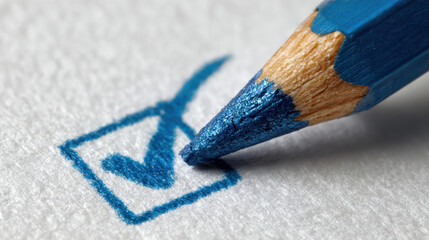 close-up of a blue pencil marking a checkbox with a tick, symbolizing task completion, approval, or decision-making