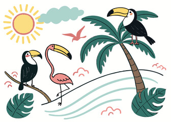 Obraz premium Exotic Beach Summer Collection: Hand-Drawn Toucan, Flamingo, Palm Tree, Sun, and Tropical Waves Illustration for Vacation and Nature Designs