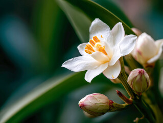 Fototapeta premium delicate white jasmine flower in full bloom surrounded by buds, set against a lush green background, radiating freshness and purity
