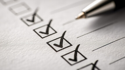 close-up of a checklist with multiple checked boxes and a pen nearby, representing task completion, organization, and productivity