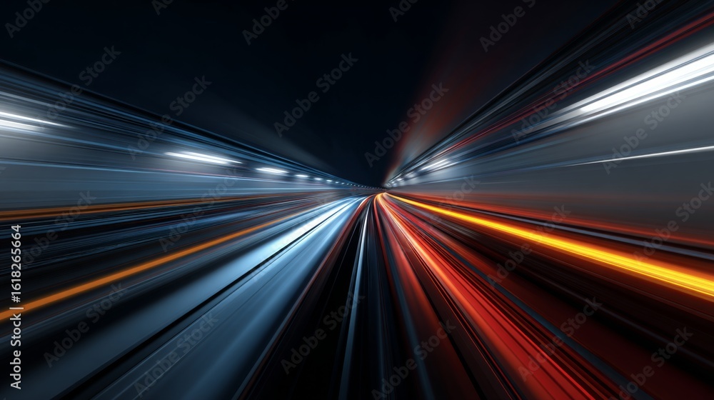 Poster a trail of light moving rapidly through a dark tunnel, with vivid colors and dynamic motion blur, cr