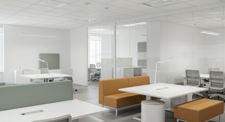 Modern Open Plan Office Space with Glass Partitions and Contemporary Furniture for Collaborative Work Environments