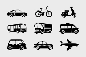 transportation icons set, bus, train, cycle, plane, car and more transportation