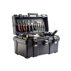 Dark gray toolbox open with various Png , tools inside on a