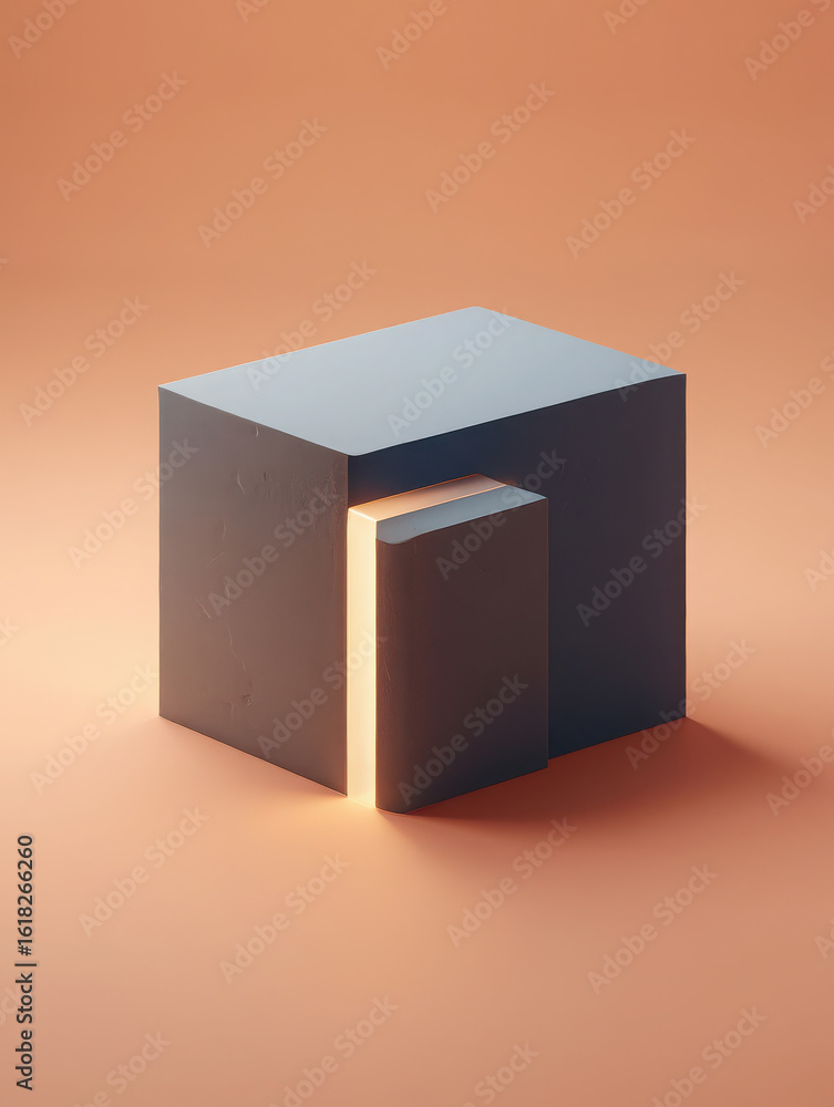 Poster two dark geometric blocks with a glowing light between them on an orange background