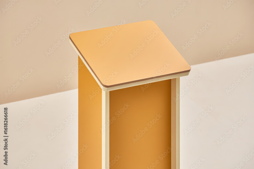 Poster a minimalist orange display stand with a light beige background and soft shadows
