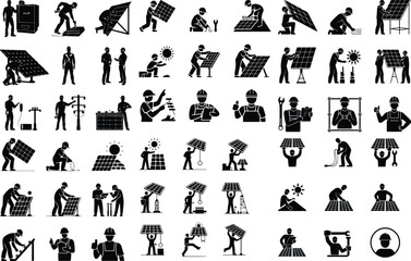 Solar Panel Worker Silhouette Icon Set Renewable Energy Technician Silhouette Design