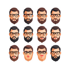 Collection of ten stylized bearded men with glasses and different hairstyles and beard styles created with generated ai