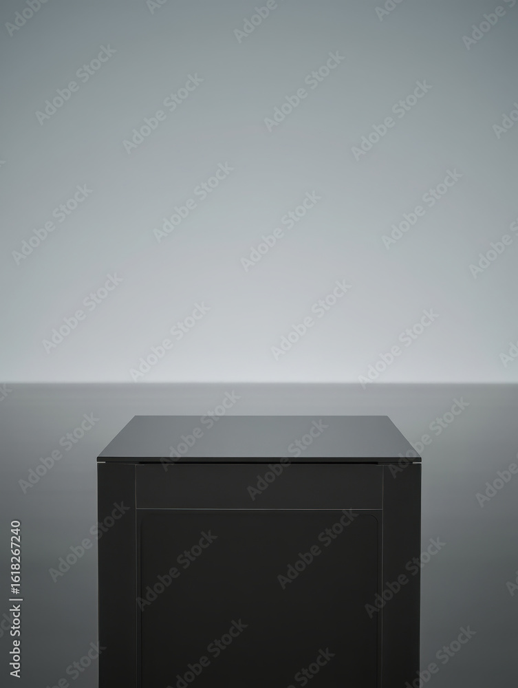 Poster a minimalist black cube display platform in a clean studio setting with a soft gray background